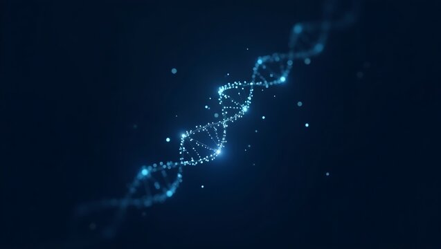 Futuristic digital rendering of a DNA double helix structure. Abstract visualization for science, medicine, and biotechnology concepts.