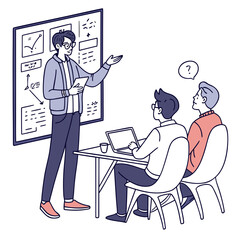 A presenter explains a chart on a whiteboard to two attentive students sitting at a desk with a laptop