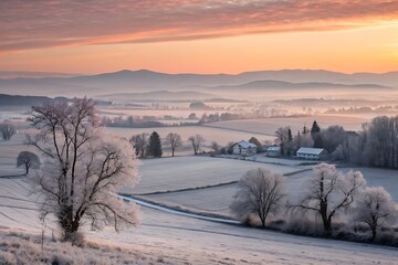 Serene Winter Landscape at Sunrise with Frosted Trees and Misty Fields in Rural Area
