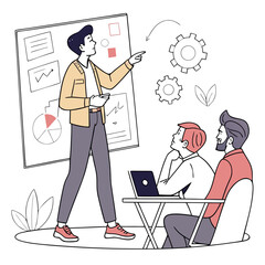 Man presenting business strategy and data analysis to colleagues during a meeting