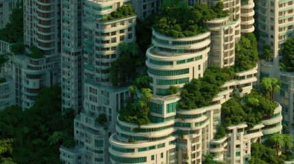 Obraz premium Futuristic high-rise buildings with lush greenery and rooftop gardens integrated into their modern architecture