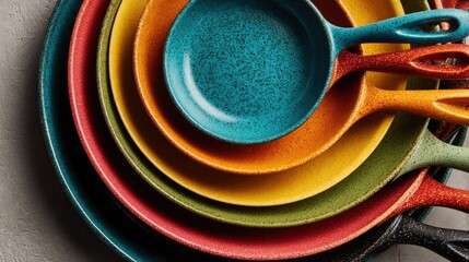 Colorful frying pans nested together on a smooth white surface