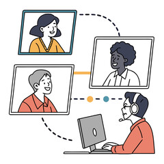 Diverse team collaborating remotely through video conference calls on computers and laptops