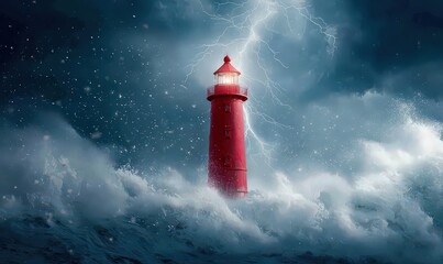 Red Lighthouse In Stormy Sea At Night