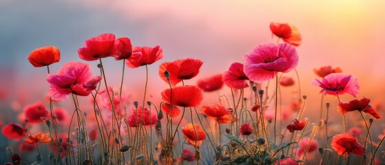 Vibrant red poppies bloom in a sunlit field, creating a colorful and serene natural landscape at sunrise or sunset