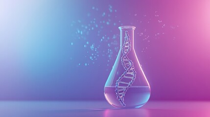 a flask with bubbling liquid and a DNA helix, symbolizing innovation and discovery. The background is a gradient of purple and blue, representing creativity and knowledge.