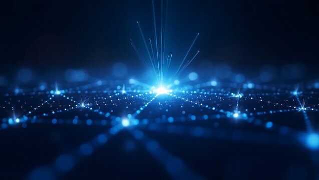 Futuristic technology concept with a glowing digital network and data stream on an abstract blue grid background