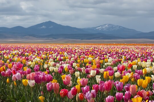 Glowing tulip field stretching with mountain scenery  
