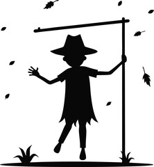 Silhouette of a scarecrow with falling leaves isolated on white background