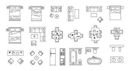 This collection of minimalist outline icons provides essential top-view furniture and household item symbols for architectural blueprints and interior design layouts.