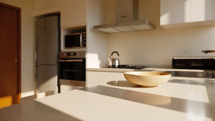Modern Kitchen Interior with Clean Lines and Natural Light Featuring Wooden Bowl on Countertop Creating a Warm Atmosphere