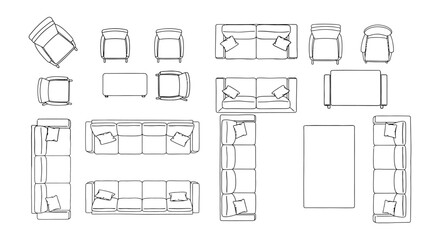 Detailed top-down architectural line drawings of modern living room furniture, including sofas, armchairs, tables, perfect for interior design plans.