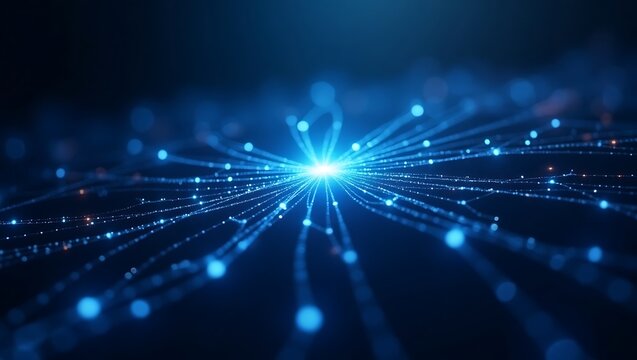 Futuristic digital communication network with glowing data streams connecting to a central hub, representing technology and AI.