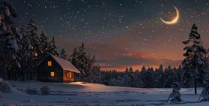Romantic scene of illuminated cottage in winter made, vector winter wonderland night background with Generative AI - Powered by Adobe