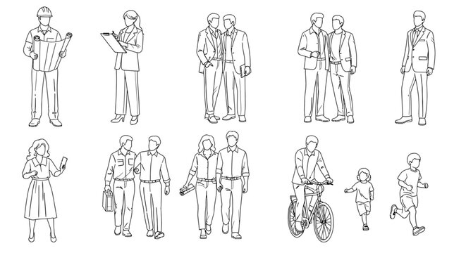 A versatile collection of black and white line art illustrations featuring diverse people, including professionals, couples, and families, ideal for architectural design.