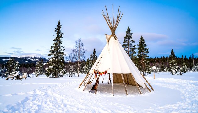 Snowy winter landscape with traditional teepee - Powered by Adobe
