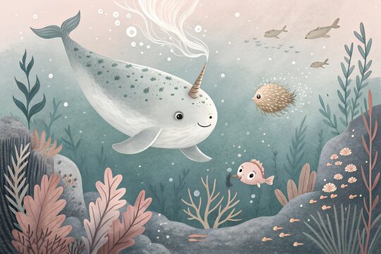 Cute narwhal and fish swimming underwater illustration - Powered by Adobe