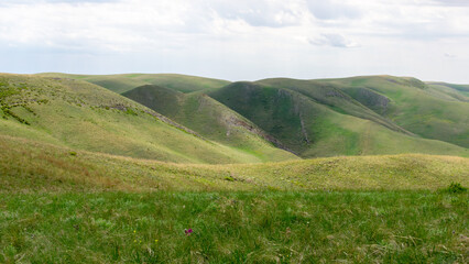 Obraz premium Long mountains. Expansive green hills under a cloudy sky, showcasing the beauty of nature with rolling landscapes and vibrant grass, inviting exploration and tranquility in the great outdoors