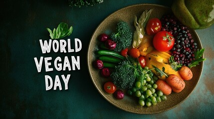 "WORLD VEGAN DAY" text next to a plate of fresh vegetables and fruits, symbolizing health and sustainability. background is a gradient of green and brown, representing nature and plant-based living.