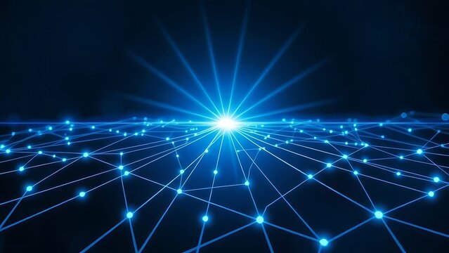 Abstract futuristic technology concept with a glowing digital network grid and a central light burst on a dark blue background.