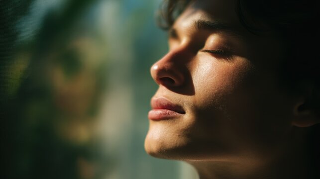Person practicing deep breathing exercises seated comfortably in a modern wellness pod with a blurred office environment emphasizing personal wellbeing.
