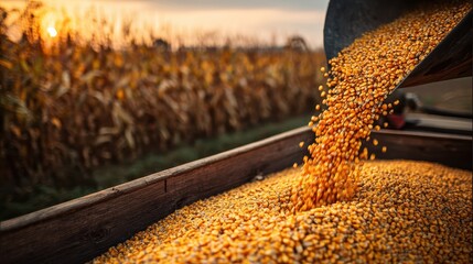 Golden corn kernels are being poured into a wooden container during harvest at sunset, with a cornfield in the background