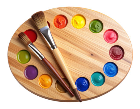 Flat 3D Illustration of Rectangular Paint Mixing Palette with Organized Color Rows and Lying Brushes, PNG Transparent Background