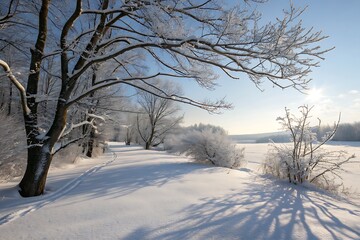 Tranquil Winter Landscape with Snowy Path and Frosty Trees Under Clear Blue Sky