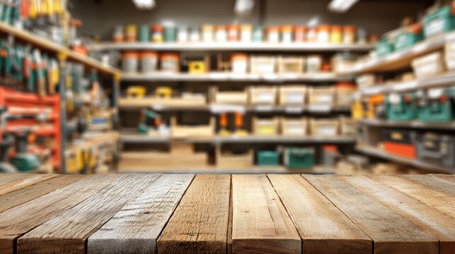 Wooden tabletop with a blurred background of shelves stocked with tools and supplies in a hardware store