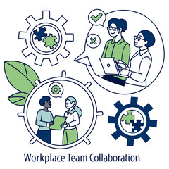 Diverse team members collaborating on projects within a conceptual framework of gears and puzzle pieces