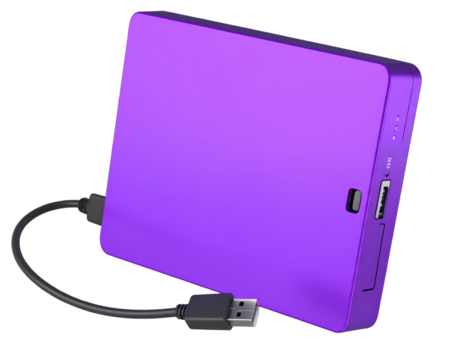 Angled Purple Portable Hard Drive with USB Cable, 3D Render, isolated on transparent background