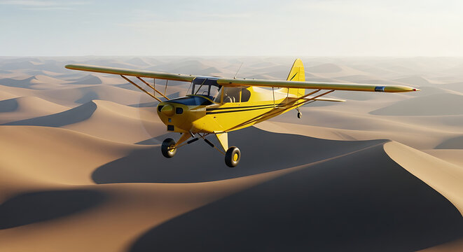 Yellow HighWing SingleEngine Airplane Flying Over Sand Dunes.