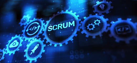 SCRUM, Agile development methodology, programming and application design technology concept on virtual screen.