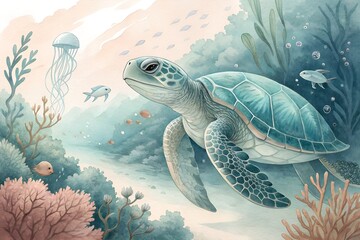 Fototapeta premium Sea turtle swimming in a coral reef