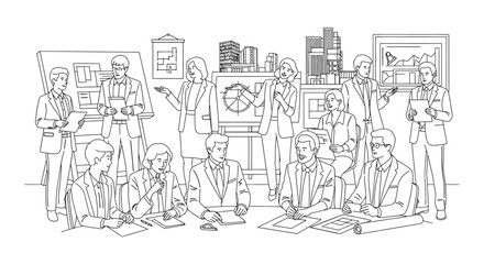 Obraz premium Business professionals collaborate on strategic planning and architectural designs within a modern corporate office, depicted in a clean line art illustration.