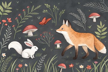 Cute fox and rabbit in a magical forest with mushrooms