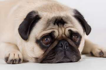 Obraz premium Close-up portrait of purebred pug dog looking sideways. Perfect for pet care, dog breed, and animal love visuals.