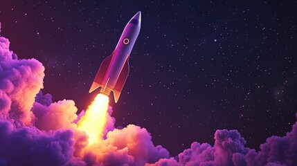 a rocket launching into a starry sky, symbolizing exploration and discovery. The background is a gradient of black and purple, representing the vastness of space. 