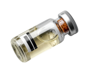 Scientific experiment with medicine vial laboratory glass container controlled environment isolated on transparent background, png