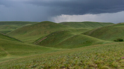 Naklejka premium Long mountains. Lush green rolling hills under a dramatic stormy sky, showcasing the beauty of nature's landscape with vibrant grass and distant clouds creating a serene atmosphere