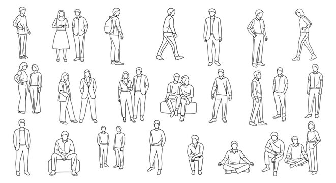 Diverse black and white line art human figures in various poses, suitable for architectural renderings, urban planning, and design project overlays.