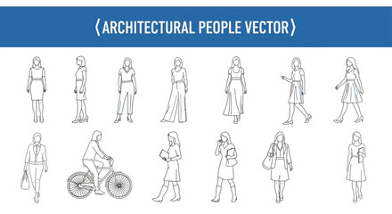 A versatile collection of minimalist vector line drawings showcasing diverse people in various poses, perfect for architectural plans and graphic design projects.