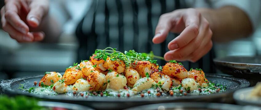 A chef skillfully garnishing a beautifully plated dish, showcasing the art of cooking with fresh ingredients, embodying passion and expertise in culinary craftsmanship.
