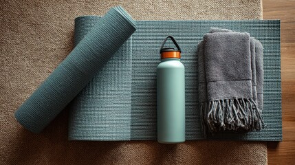 Serene Wellness Arrangement: A meticulously arranged collection of yoga mat, water bottle, and blanket creates a calming atmosphere. Emphasizing wellness, health.