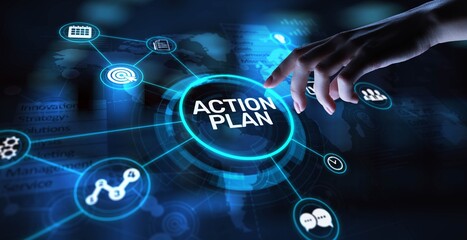 Action Plan Strategic Planning and Goal Setting, projection on a virtual screen, Business and Technology Concept.