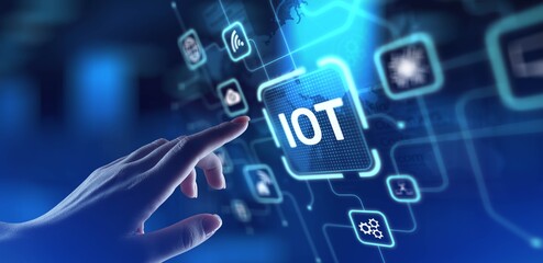 IoT Internet of Things Connecting Devices and Enabling Smart Solutions, projection on a virtual screen, Business and Technology Concept.
