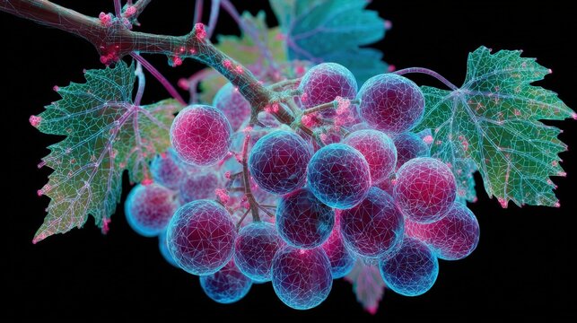 Vineyard grape cluster with glowing geometry and nanoscale MOF capsules