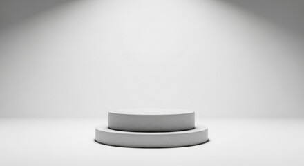 Two tiered white circular podium with soft spotlight illumination on a seamless white background stage