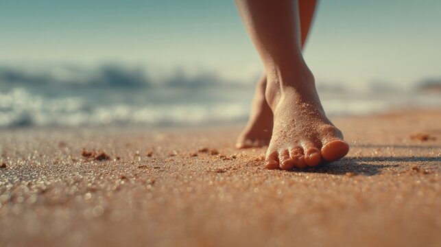 Barefoot Stroll on Beach: capturing a serene moment with the tranquil rhythm of footsteps in wet sand, offering a glimpse into relaxation and natural beauty.