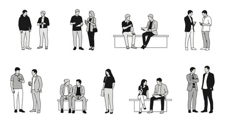 Minimalist black and white line art illustrations showcase diverse individuals and groups standing, sitting, and interacting, perfect for architectural design projects.